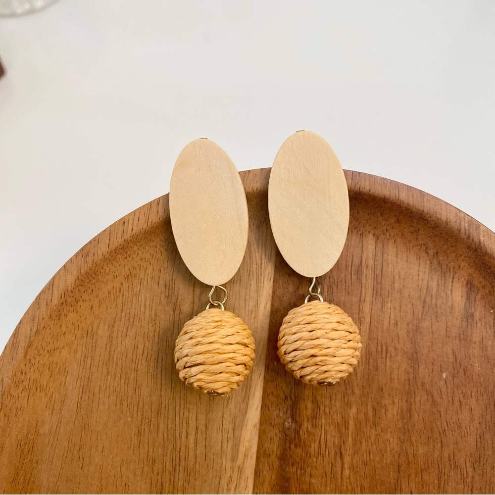 4/$15 Light Tan Beige Wood Oval Disk with Rope Ball Drops